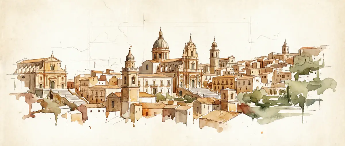 Panorama acquerello di Ragusa Ibla con il Duomo di San Giorgio
